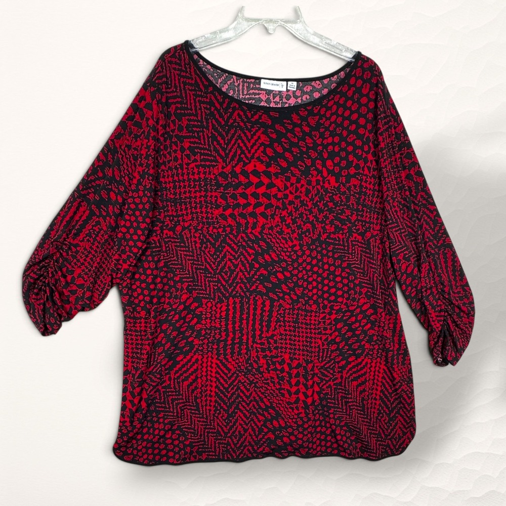 Susan Graver Blouse Womens 3XL Red Abstract Geometric Long Sleeve Liquid Knit